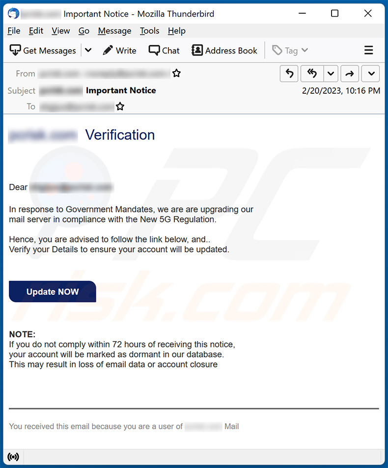 Mail Server Upgrade-themed spam promoting a phishing site (2023-02-22)