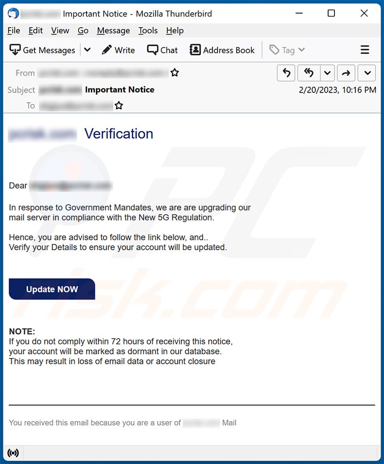 Mail Server Upgrade-themed spam promoting a phishing site (2023-02-22)