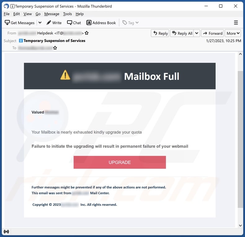 Another variant of Mailbox Full spam email