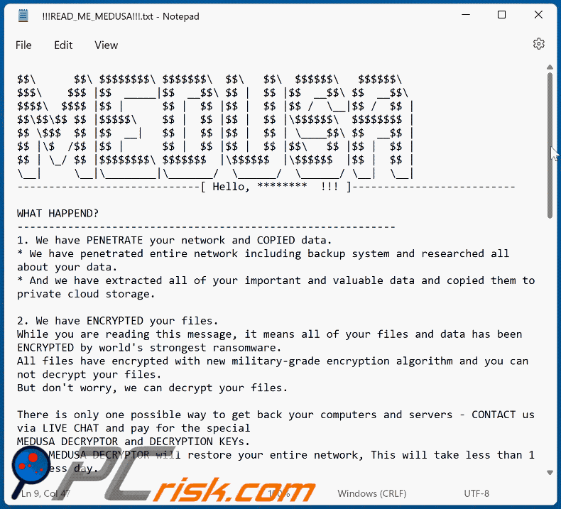 MEDUSA ransomware ransom note (!!!READ_ME_MEDUSA!!!.txt)