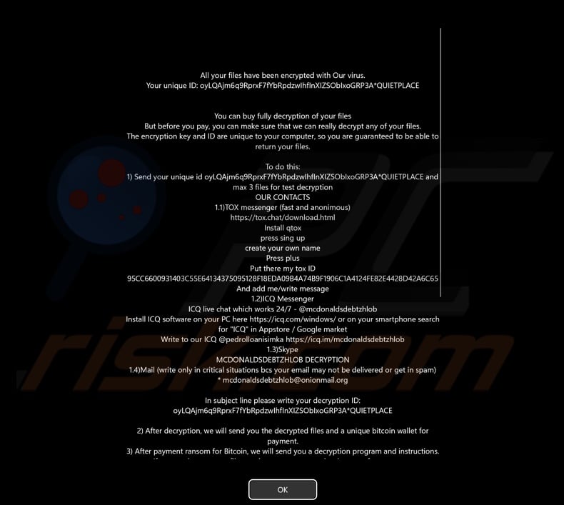 Mimic ransomware ransom note (screen displayed before log-in)
