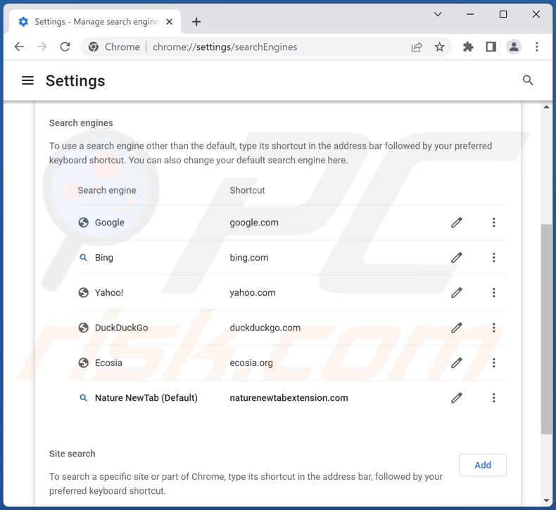 Removing naturenewtabextension.com from Google Chrome default search engine