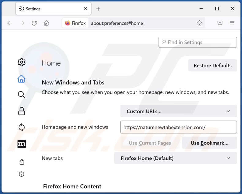 Removing naturenewtabextension.com from Mozilla Firefox homepage