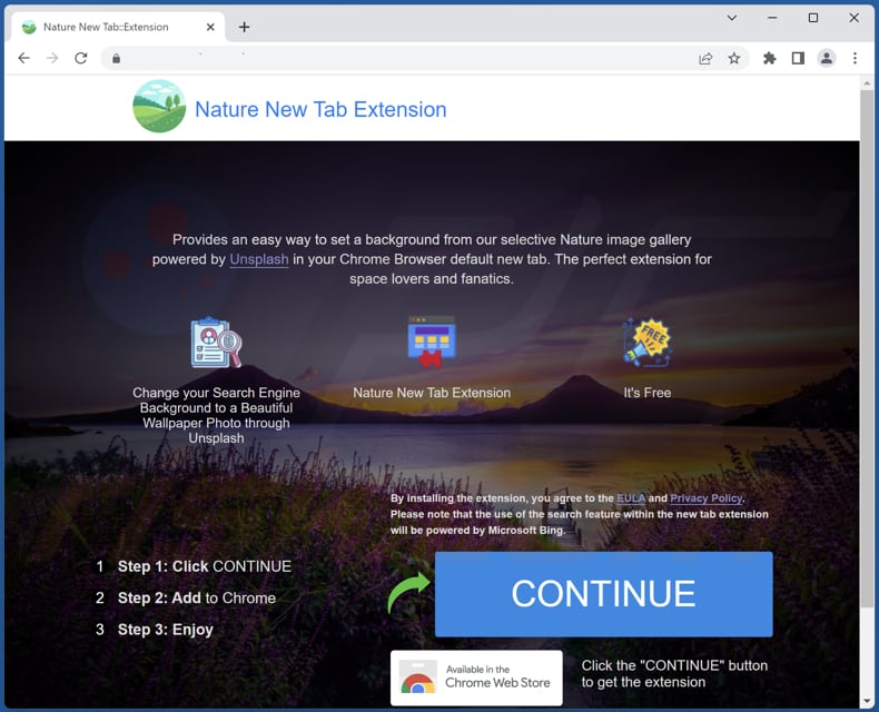 Official site used to promote Nature NewTab Extension browser hijacker