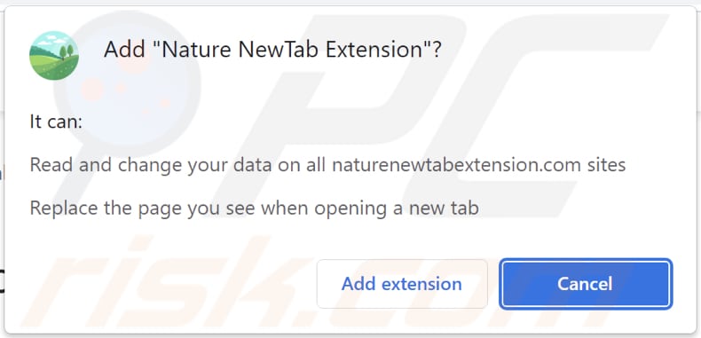 Nature NewTab Extension browser hijacker asking for permissions