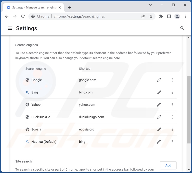 Removing bing.com from Google Chrome default search engine