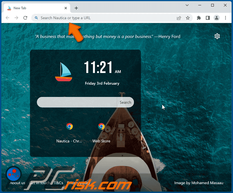 Nautica browser hijacker redirecting to Bing (GIF)