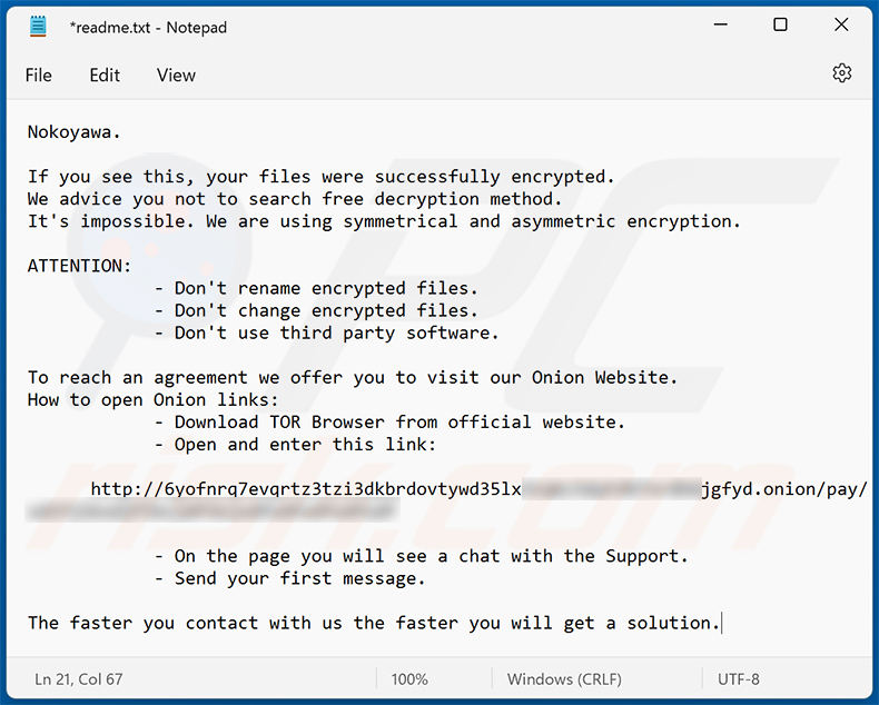 NOKOYAWA ransom note (readme.txt)