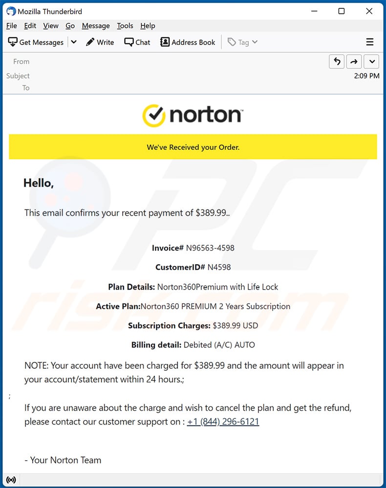 Norton order confirmation email scam (2023-02-09)