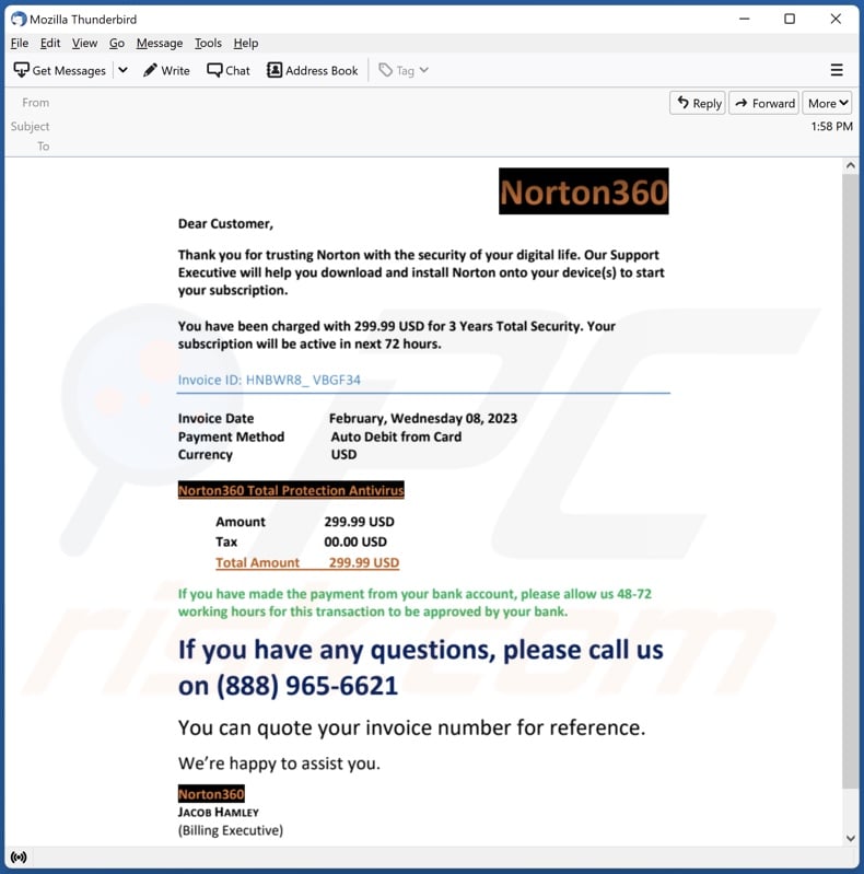 Norton360 Total Protection Subscription Charge email spam campaign