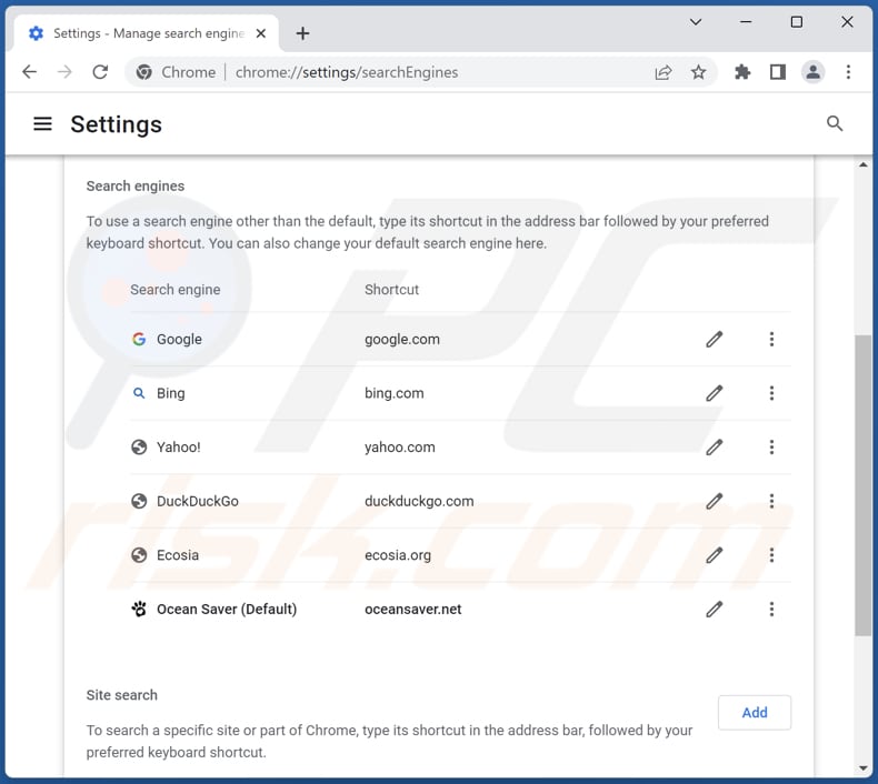 Removing oceansaver.net from Google Chrome default search engine