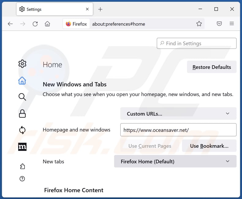 Removing oceansaver.net from Mozilla Firefox homepage