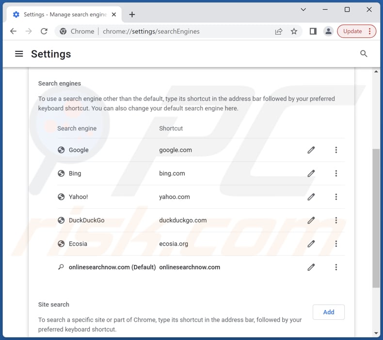 Removing onlinesearchnow.com from Google Chrome default search engine