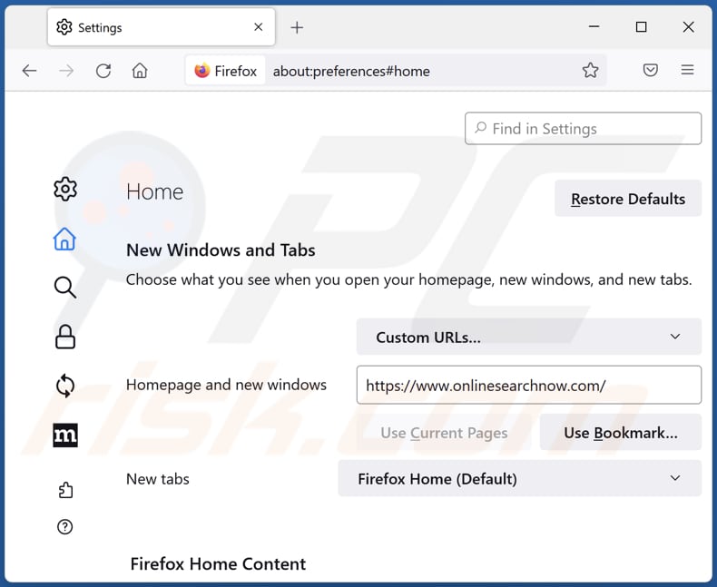 Removing onlinesearchnow.com from Mozilla Firefox homepage
