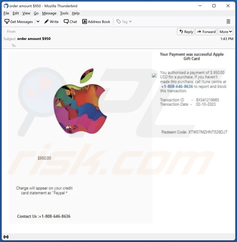 Payment For Apple Gift Card email spam campaign