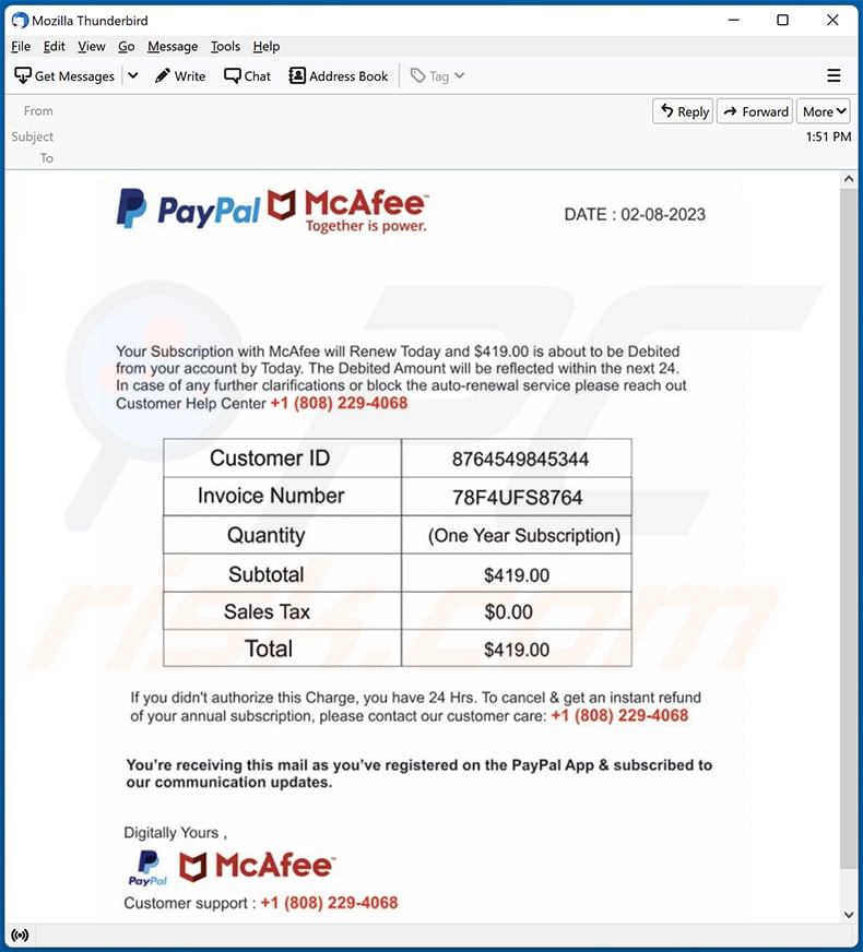 Payment For McAfee Subscription email scam