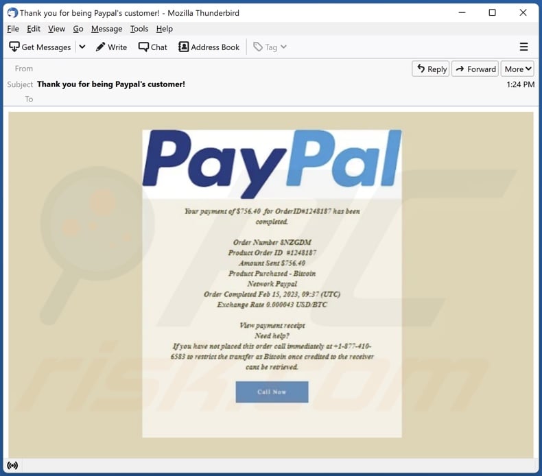 PayPal - Order Has Been Completed email spam campaign