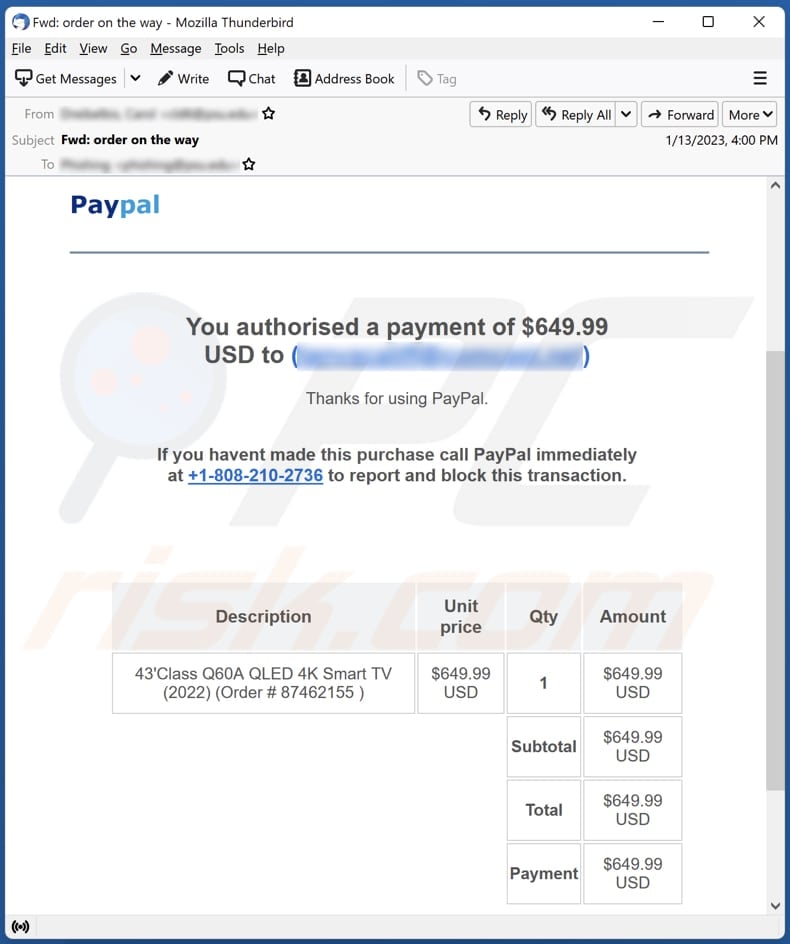 PayPal - You Authorised A Payment email spam campaign