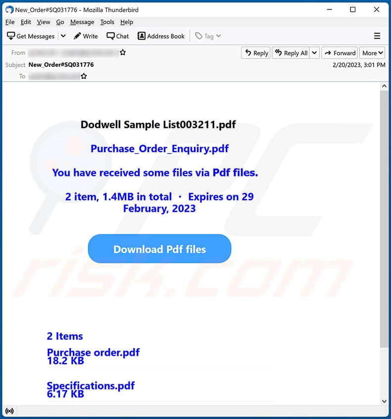 Purchase Order email scam promoting a phishing site (2023-02-22)