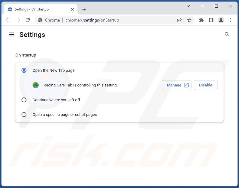 Removing racingcarstab.com from Google Chrome homepage