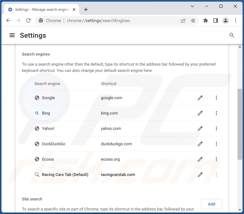Removing racingcarstab.com from Google Chrome default search engine