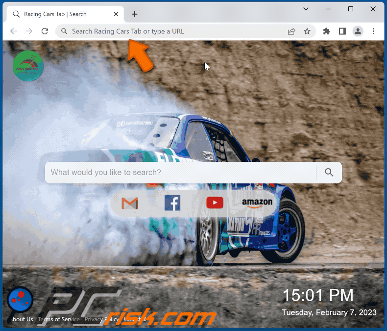 Racing Cars Tab browser hijacker redirecting to Bing (GIF)