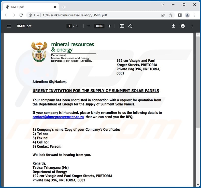 PDF document distributed via Request For Quotation email scam (2023-02-02)