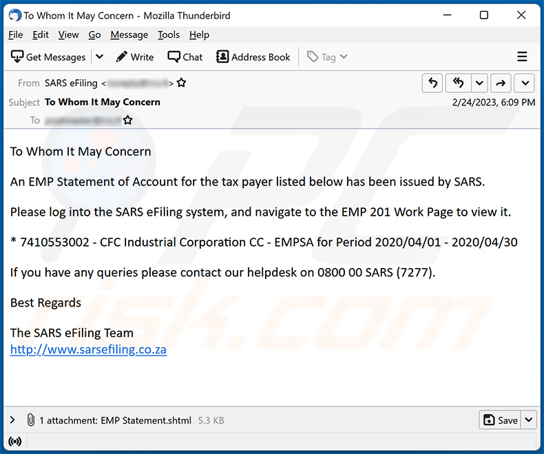 SARS eFilling-themed spam email (2023-02-27)