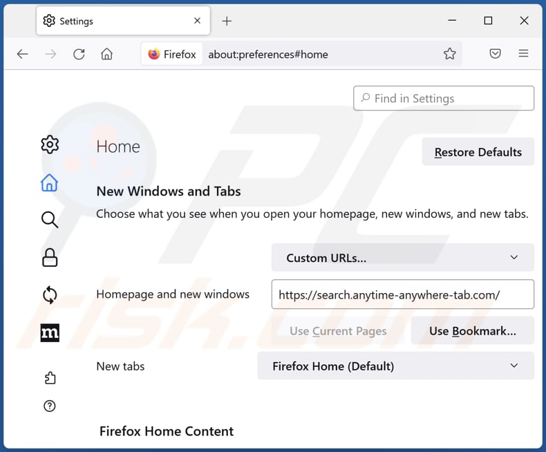 Removing search.anytime-anywhere-tab.com from Mozilla Firefox homepage
