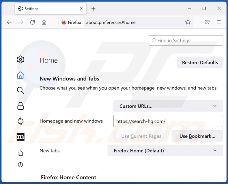 Removing search-hq.com from Mozilla Firefox homepage