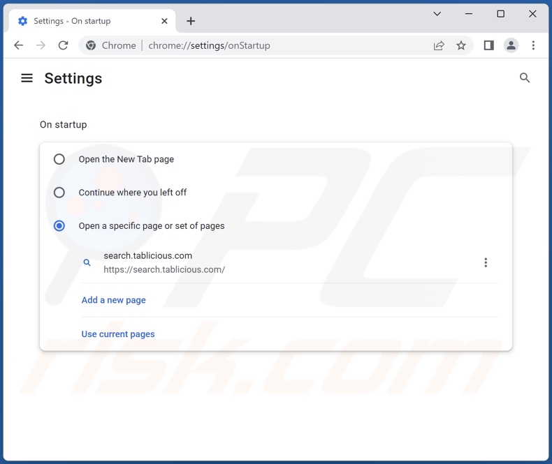Removing search.tablicious.com from Google Chrome homepage