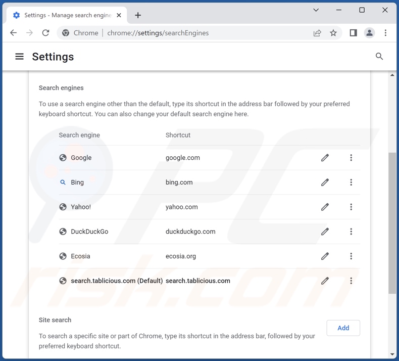 Removing search.tablicious.com from Google Chrome default search engine