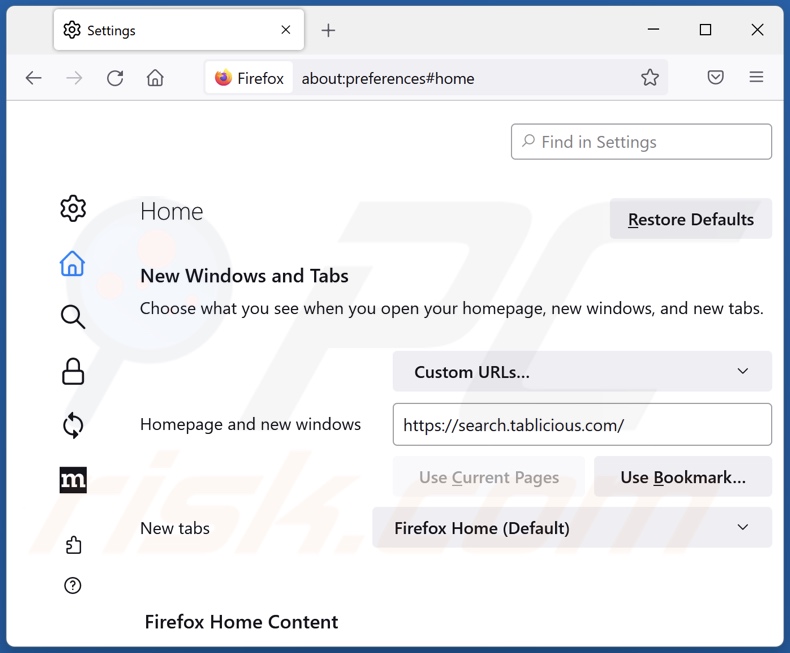 Removing search.tablicious.com from Mozilla Firefox homepage