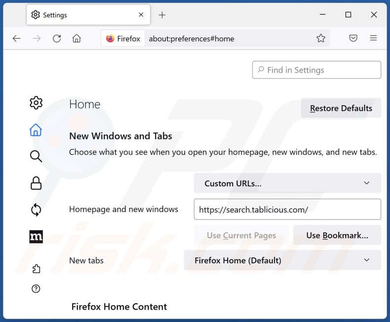 Removing search.tablicious.com from Mozilla Firefox homepage