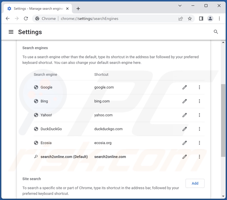 Removing search2online.com from Google Chrome default search engine