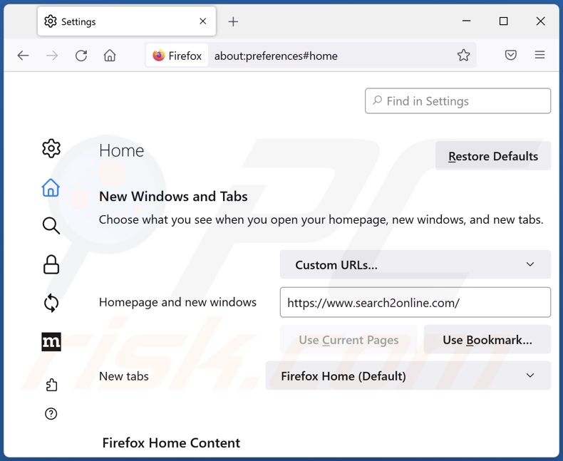 Removing search2online.com from Mozilla Firefox homepage