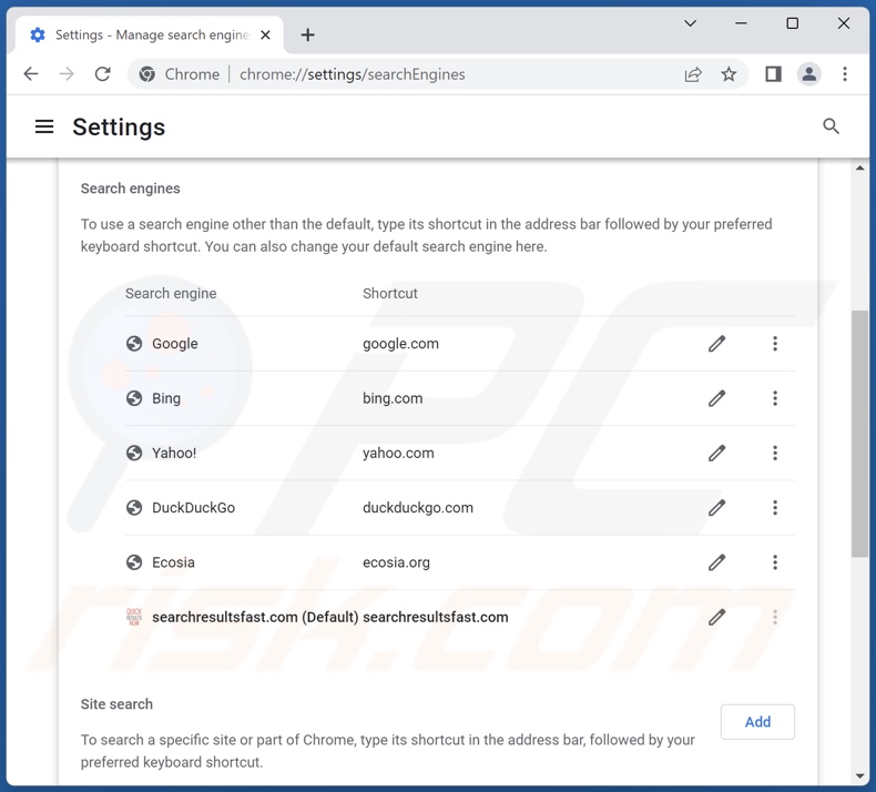 Removing searchresultsfast.com from Google Chrome default search engine