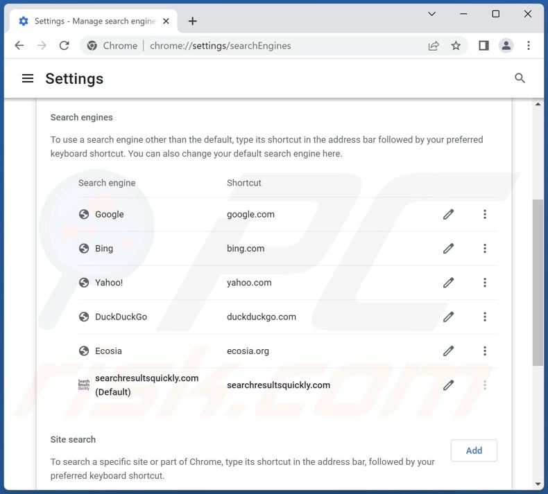 Removing searchresultsquickly.com from Google Chrome default search engine