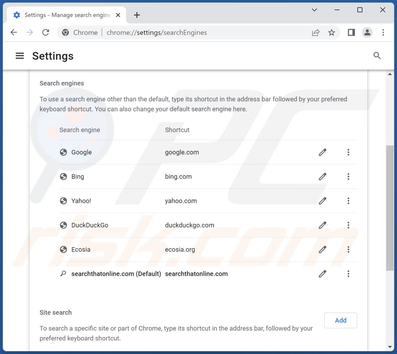 Removing searchthatonline.com from Google Chrome default search engine