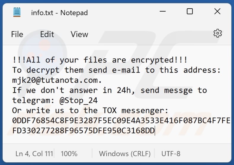 SHTORM ransomware txt file (info.txt)