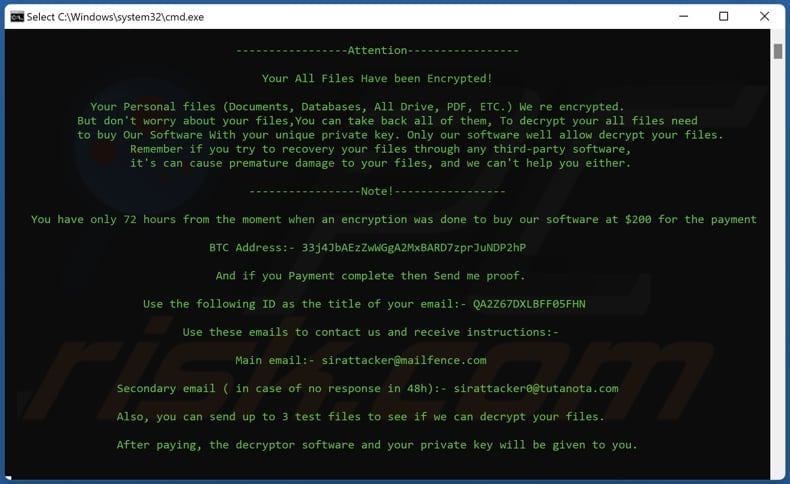 Sirattacker ransomware BAT file (How to Recovery.bat)