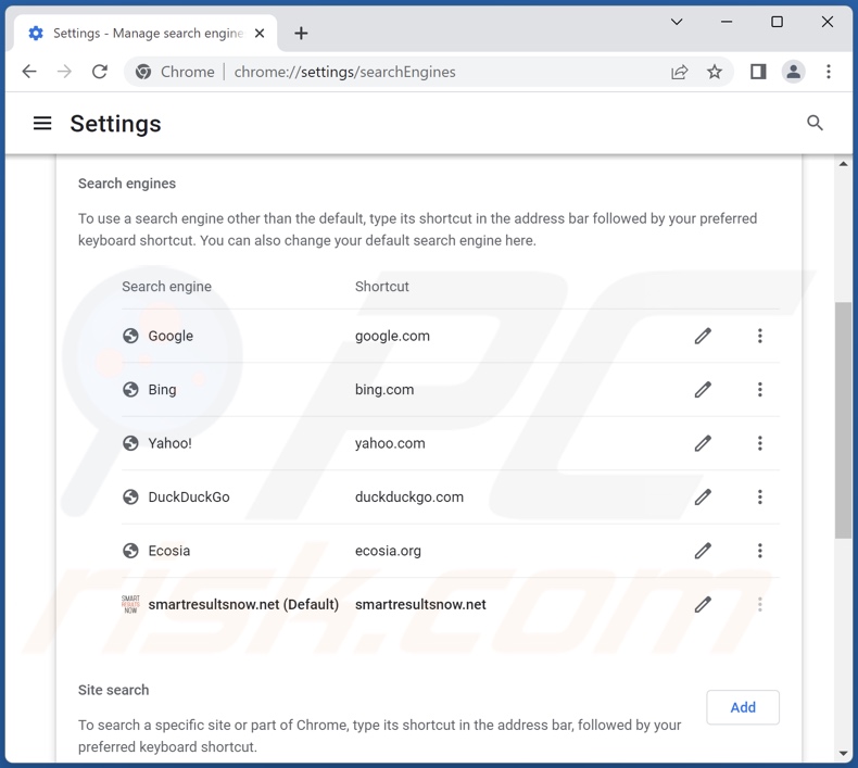 Removing smartresultsnow.net from Google Chrome default search engine