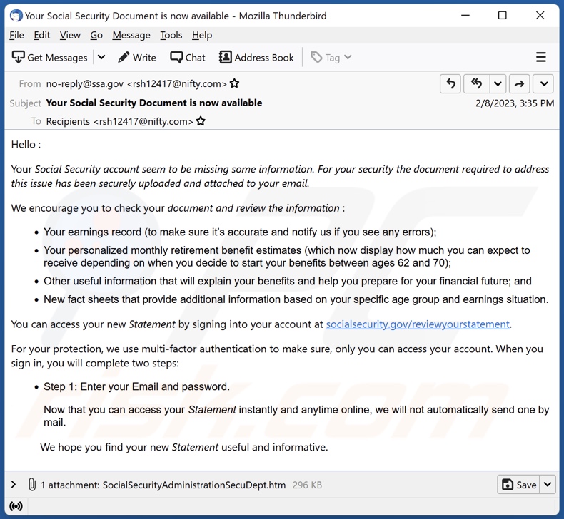 Social Security Account Missing Information email spam campaign