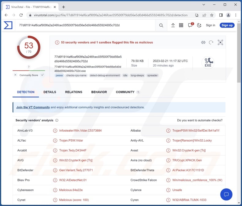 Stealc malware detections on VirusTotal