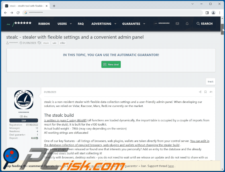 Stealc stealer promoted on a hacker forum (GIF)
