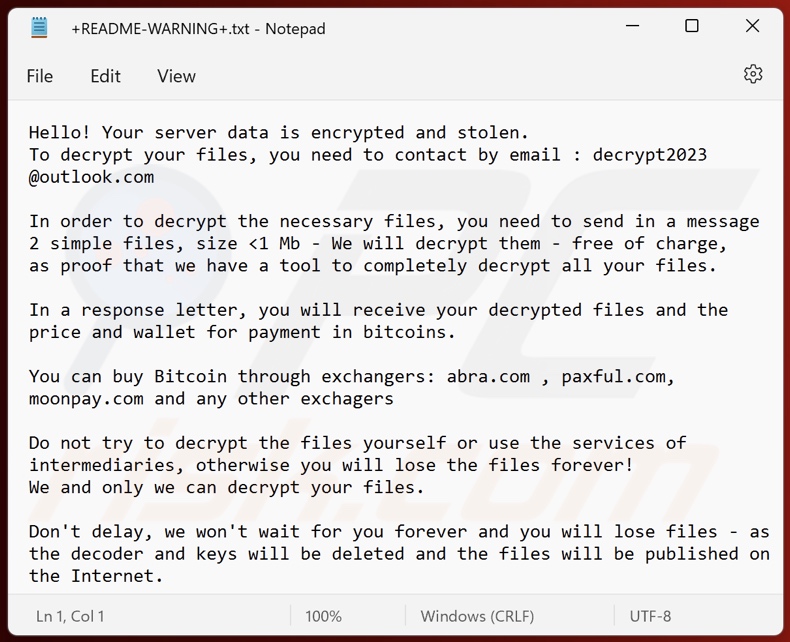 Stolen (Makop) ransomware ransom note (+README-WARNING+.txt)