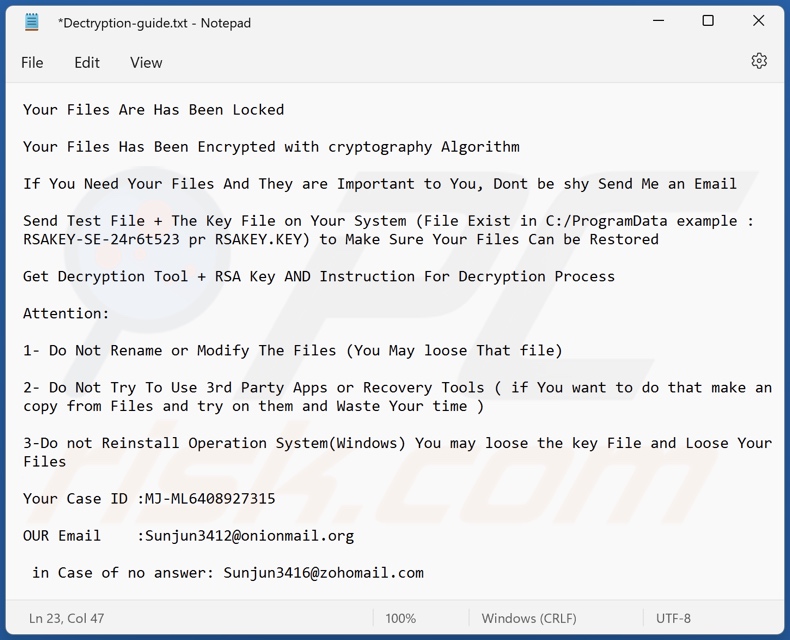 Sunjn ransomware ransom note (Decryption-guide.txt)