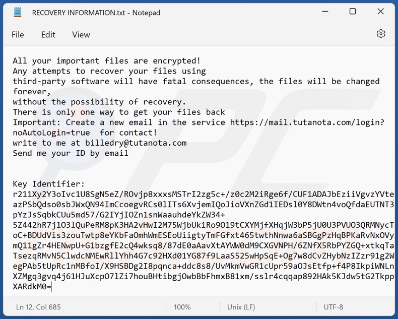 Tils ransomware ransom note (RECOVERY INFORMATION.txt)