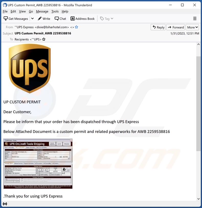 UPS Custom Permit email spam campaign