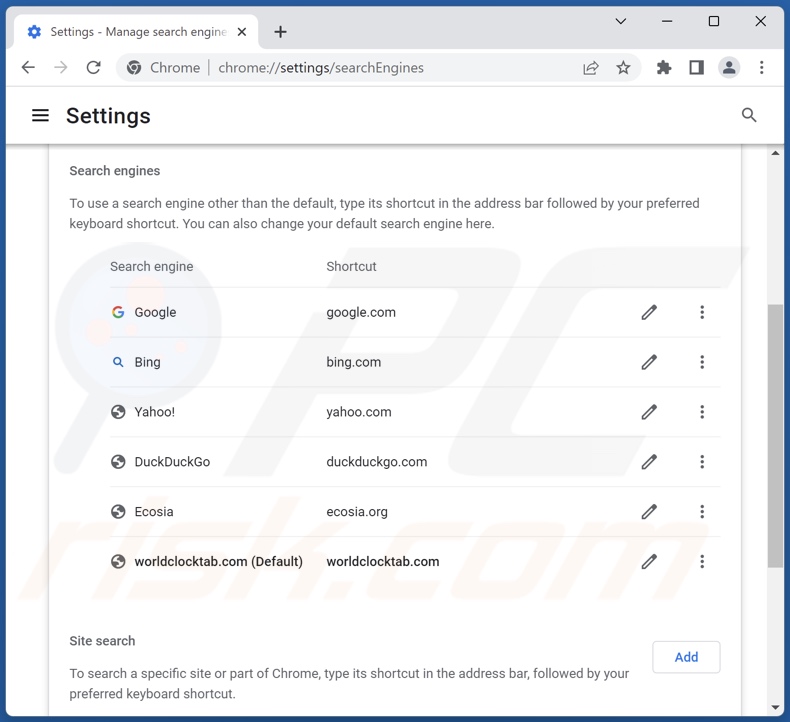 Removing worldclocktab.com from Google Chrome default search engine